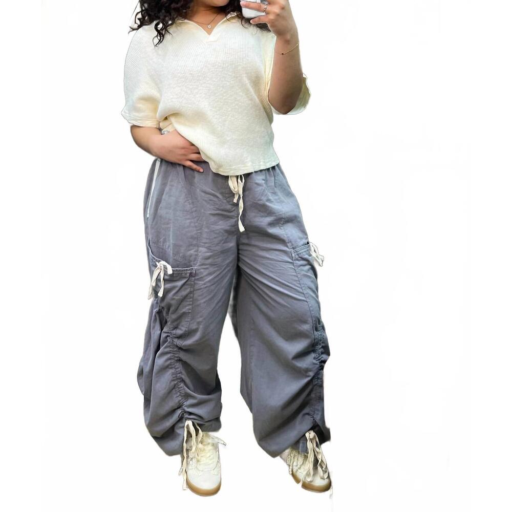 NEW BLUE VELVET women's tape elastic waist jogger parachute pants in dusty blue - Picture 4 of 6